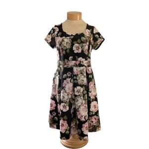 Dotted Women's 3X Black Pink‎ Dress Rose Pattern Elegant Floral Short